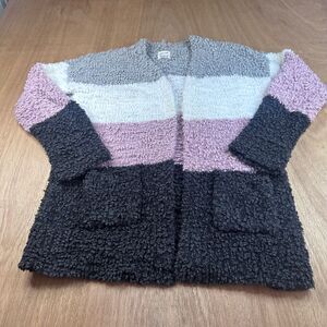 Hippie Rose Boucle Popcorn Knit Cardigan L Colorblock Open Front Cozy Pockets
